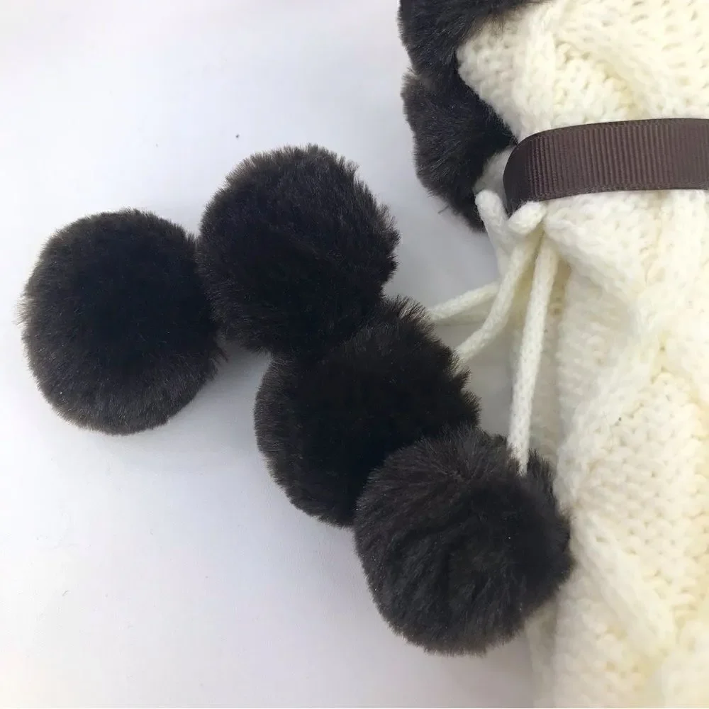 Frye Cream Knit Brown Faux Fur Pompom Trim Cozy Grip Tread Home Socks NEW